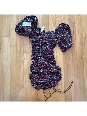 For Love & Lemons Women's Medium Black/Pink Floral Ruched Puff Dress